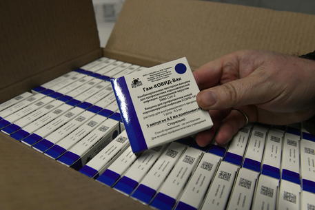 epa09051573 Boxes of Sputnik V vaccines are seen at a warehouse of Hungaropharma, a Hungarian pharmaceutical wholesale company, in Budapest, Hungary, after a shipment of 280 thousand doses of the Russian vaccine Sputnik V (Russian name: Gam-KOVID-Vak) arrived in Hungary 04 March 2021. EPA/Zoltan Mathe HUNGARY OUT