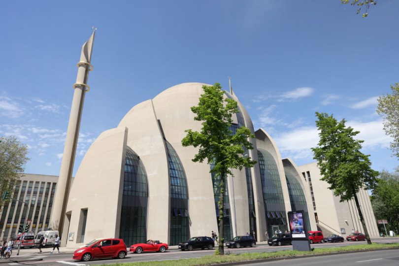 COLOGNE, GERMANY - MAY 09: A general view of the city's main mosque, which has temporarily become a mass vaccination center against Covid-19, during the coronavirus pandemic on May 09, 2021 in Cologne, Germany. City authorities are offering more than 1100 doses of the AstraZeneca vaccine at the mosque on a first-come first serve basis for a second day following the accumulation of doses. (Photo by Andreas Rentz/Getty Images)